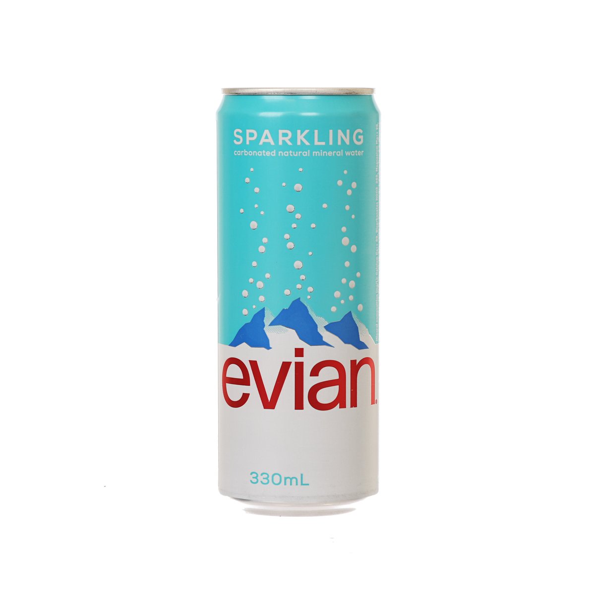 EVIAN sparkling mineral water can, 330 mL, teal front label