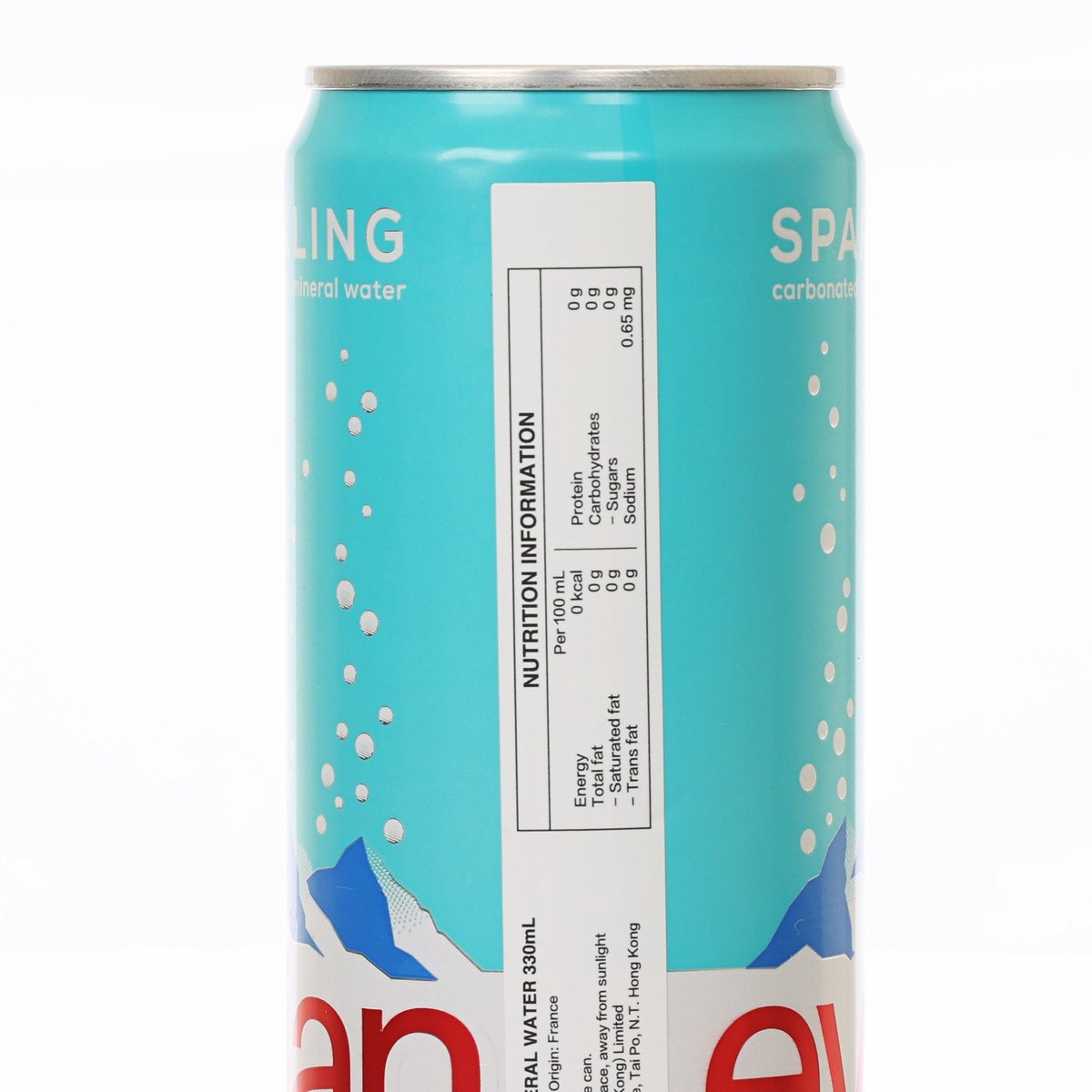 EVIAN sparkling mineral water can, 330 mL, nutrition info panel on side