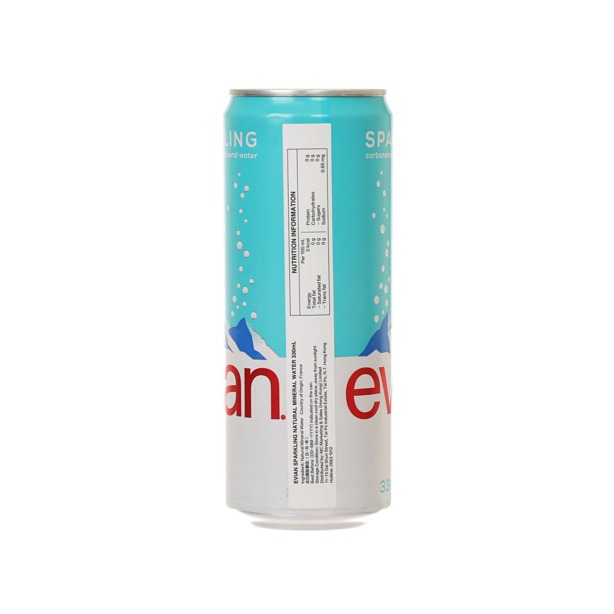 EVIAN sparkling mineral water can, 330 mL, back label with barcode