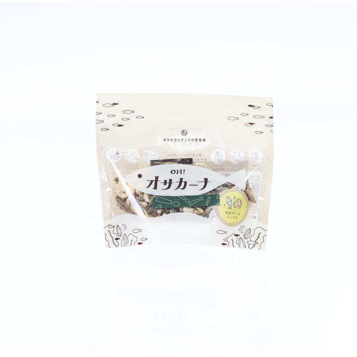 Dried sardine snack pouch with almond and cheese flavor, front label