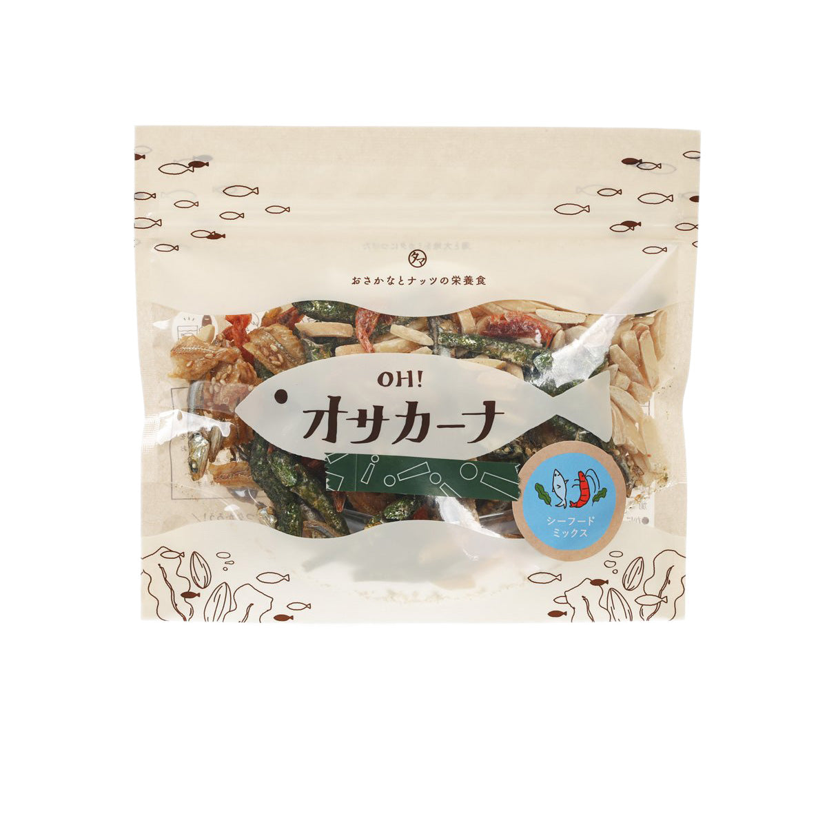 Dried seafood and almond snack pouch, beige bag with fish-shaped label and brand logo.