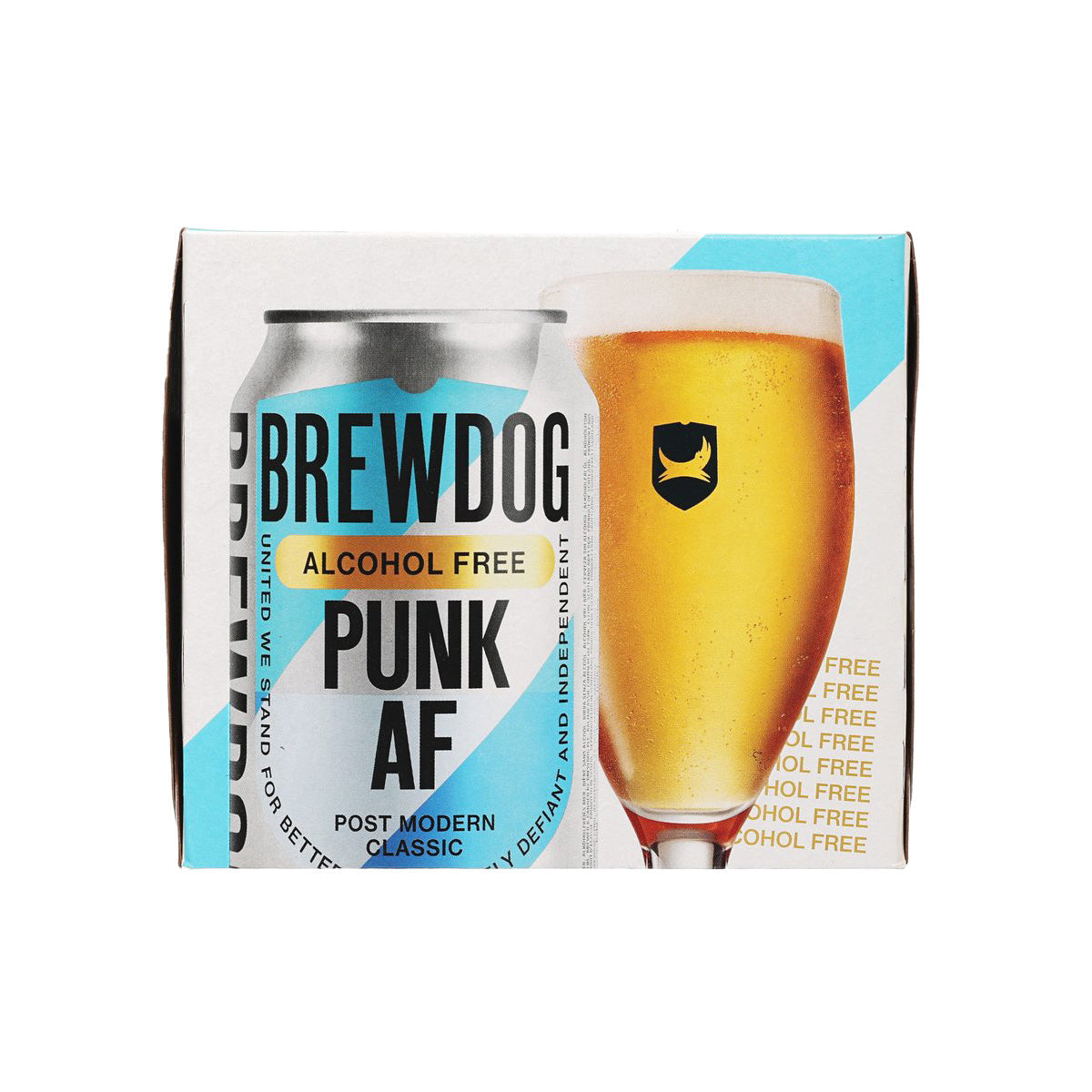 Alcohol-free Punk AF beer can pack, Brewdog branded box with 4 cans