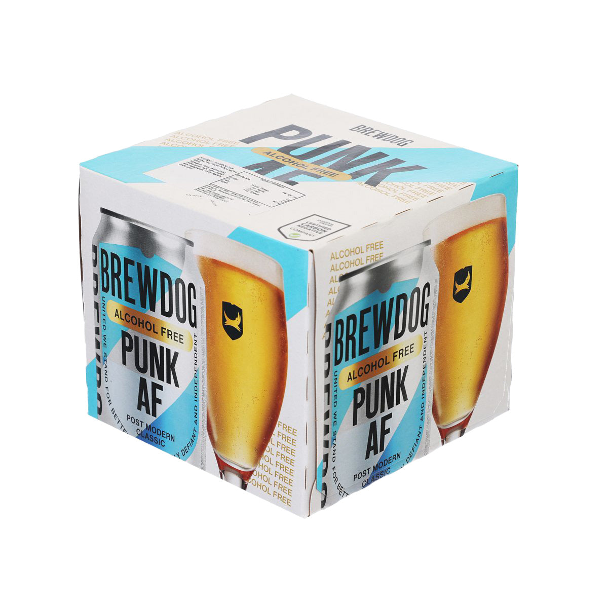Four-pack of Brewdog Punk AF alcohol-free beer cans in a blue-and-white carton