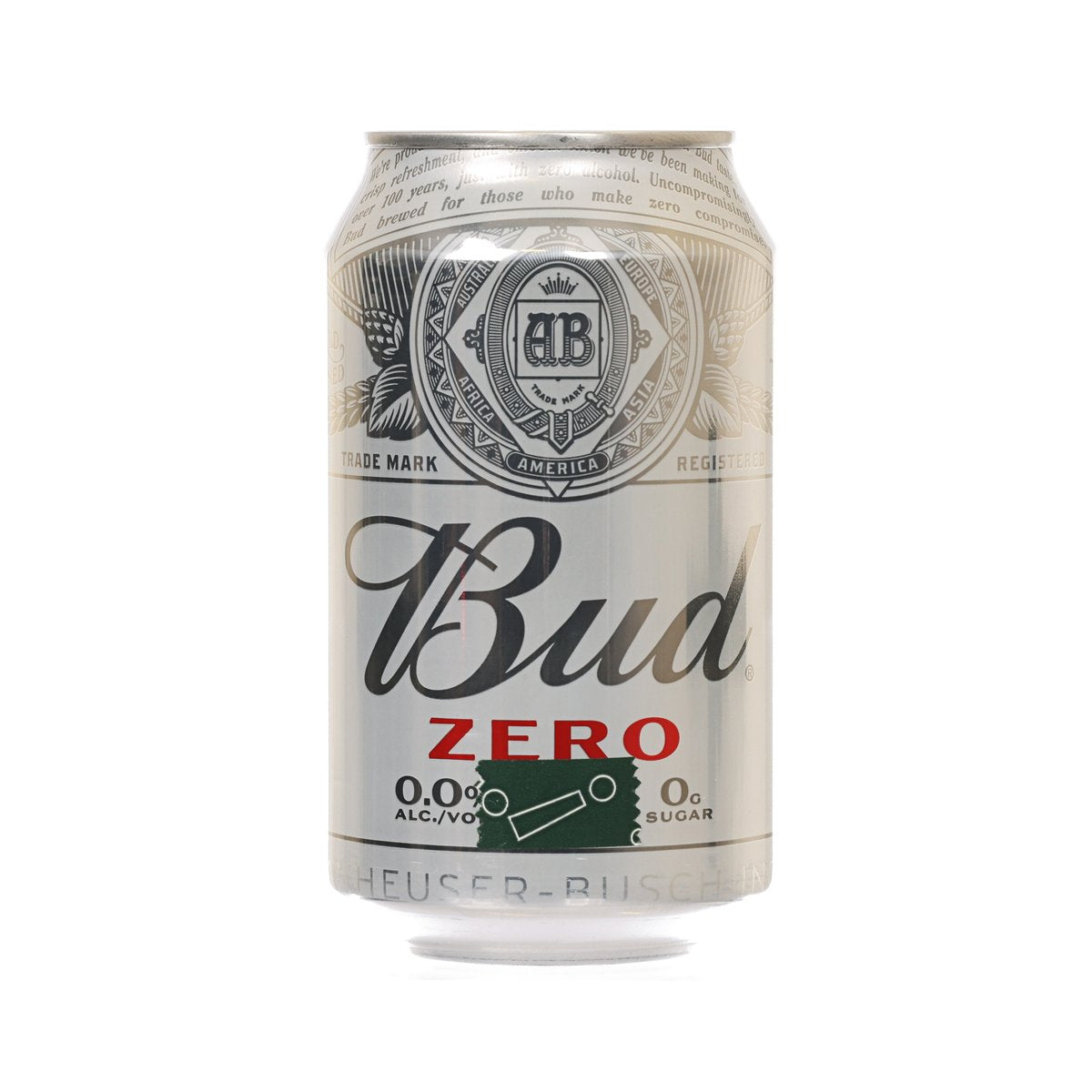 Budweiser Bud Zero alcohol-free lager can, front label, 330 mL