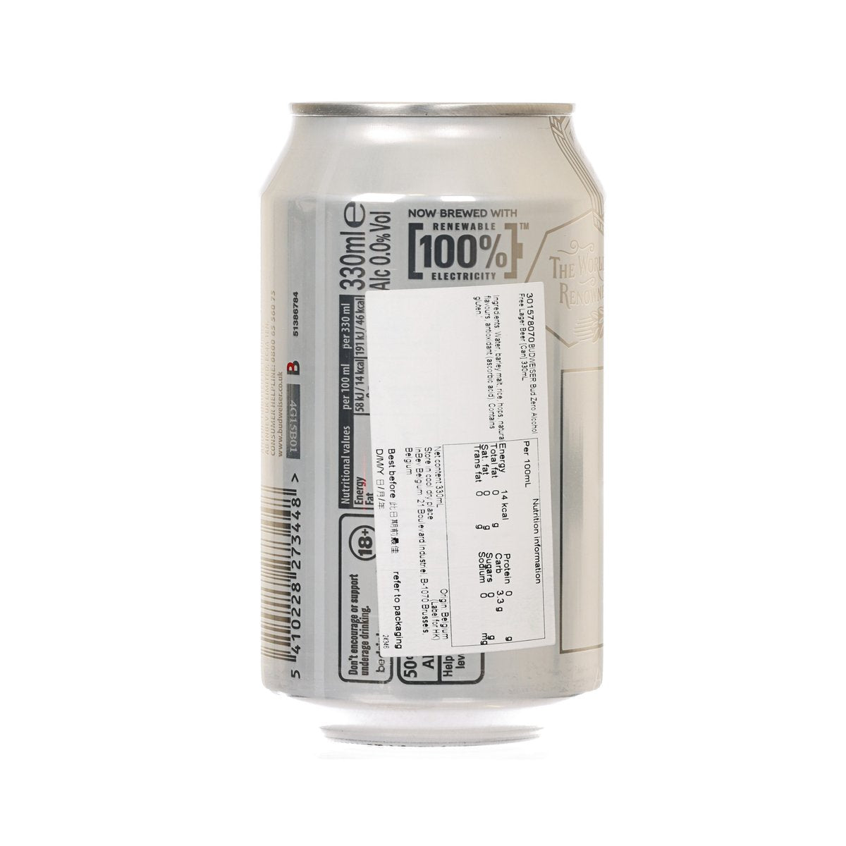 Budweiser Bud Zero alcohol-free lager can, back label with nutrition, 330 mL