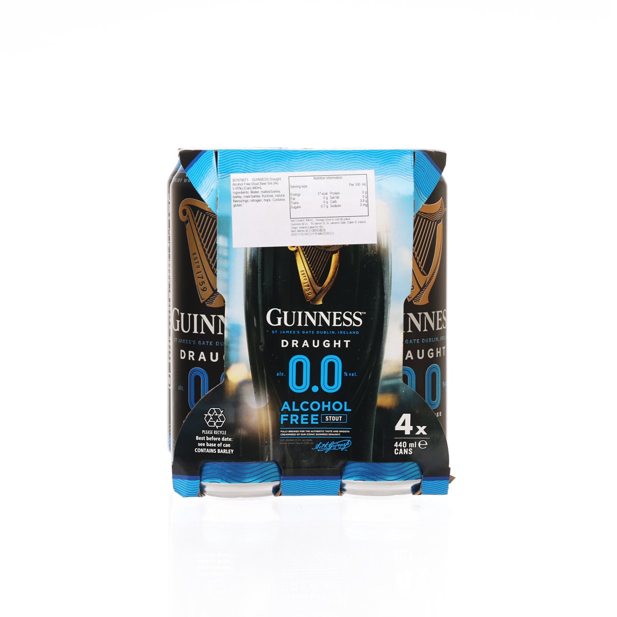 GUINNESS 0.0 draught alcohol-free stout can pack, 4 x 440 mL, label side visible