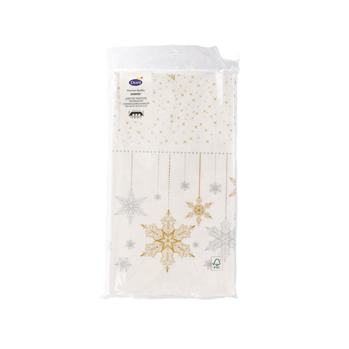 White paper table cover with gold and silver snowstar pattern