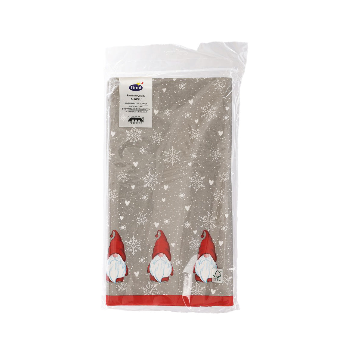 Winter flakes table cover with gray snowflake pattern and red gnome accents