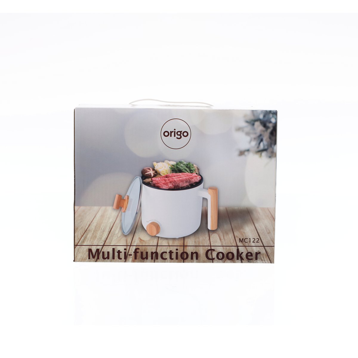ORIGO MC122 multi-function cooker box with illustrated white pot, glass lid, and wooden handle