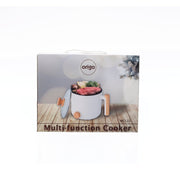 ORIGO MC122 multi-function cooker box with illustrated white pot, glass lid, and wooden handle