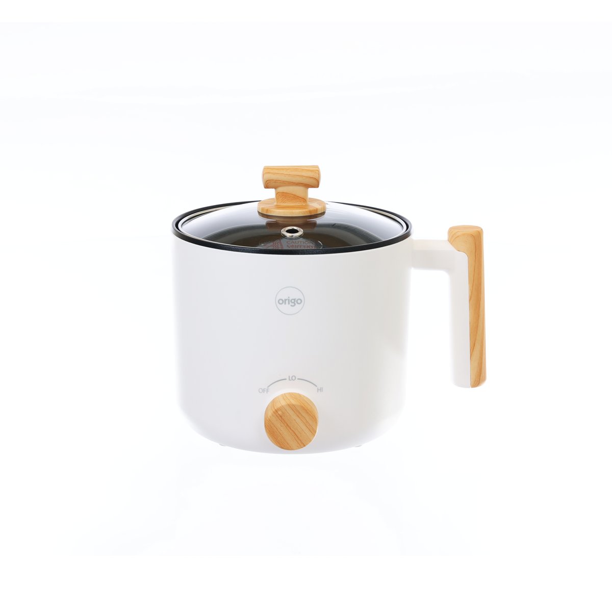 White multi-function cooker with glass lid and single wooden handle