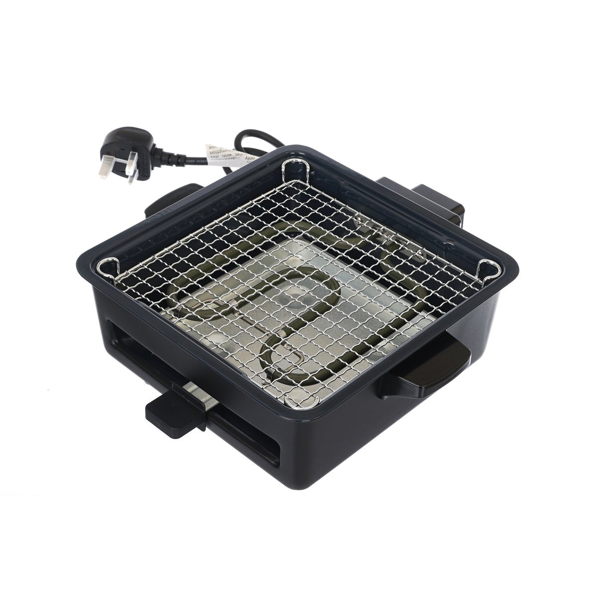 Black countertop electric grill with square wire grate and removable drip tray