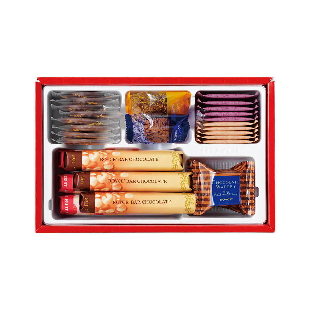 Assorted chocolate gift box, red tray with bars, wafers, and assorted pieces