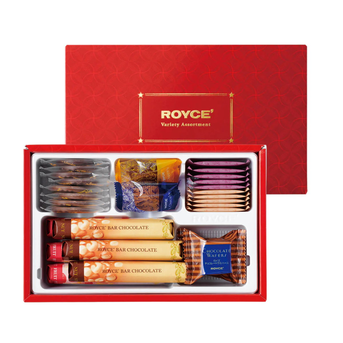 Assorted chocolate gift box with bar and wafer assortments in a red tray