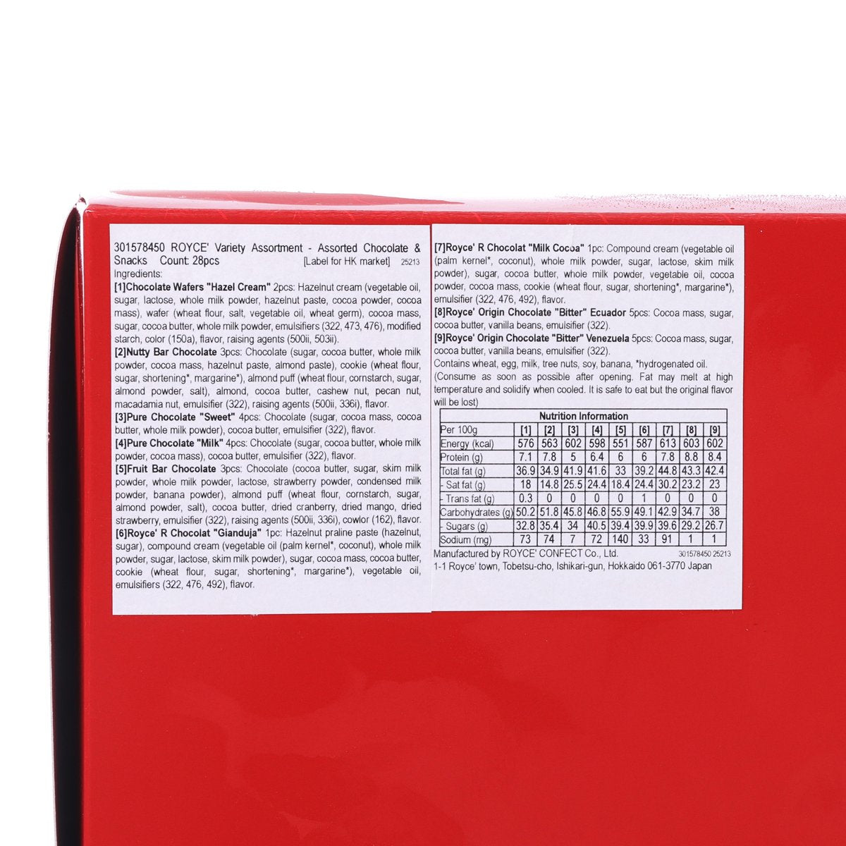 Red chocolate assortment box back panel with ingredient and nutrition info