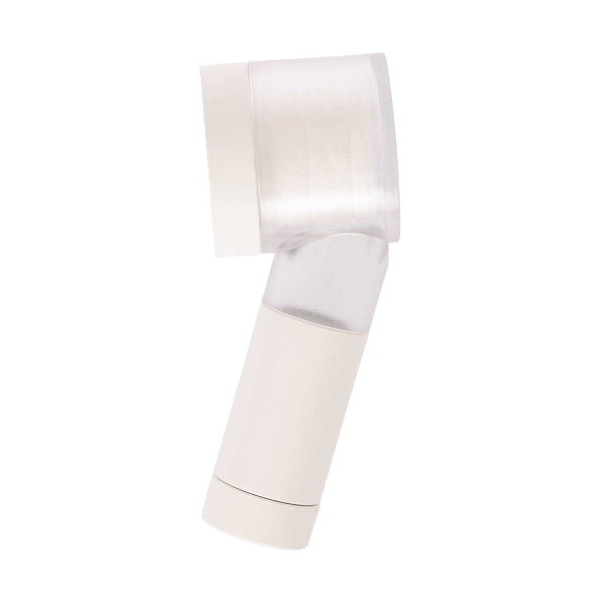 White handheld mini shower head with an angled head and spray face