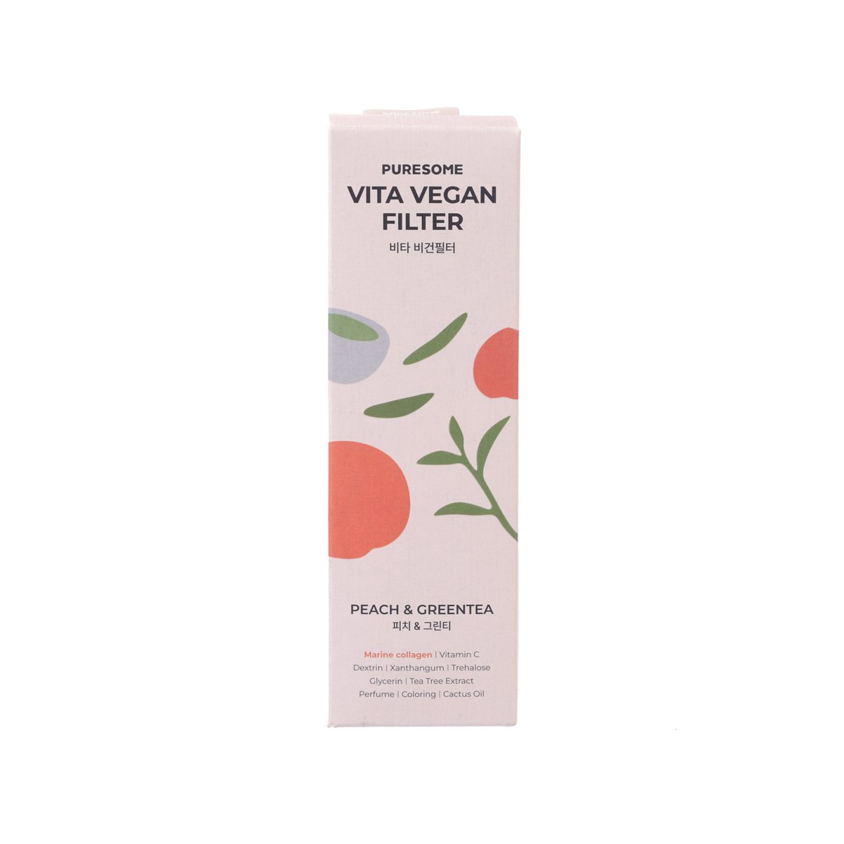 Vita vegan filter box, peach and green tea, front label with fruit and leaf print