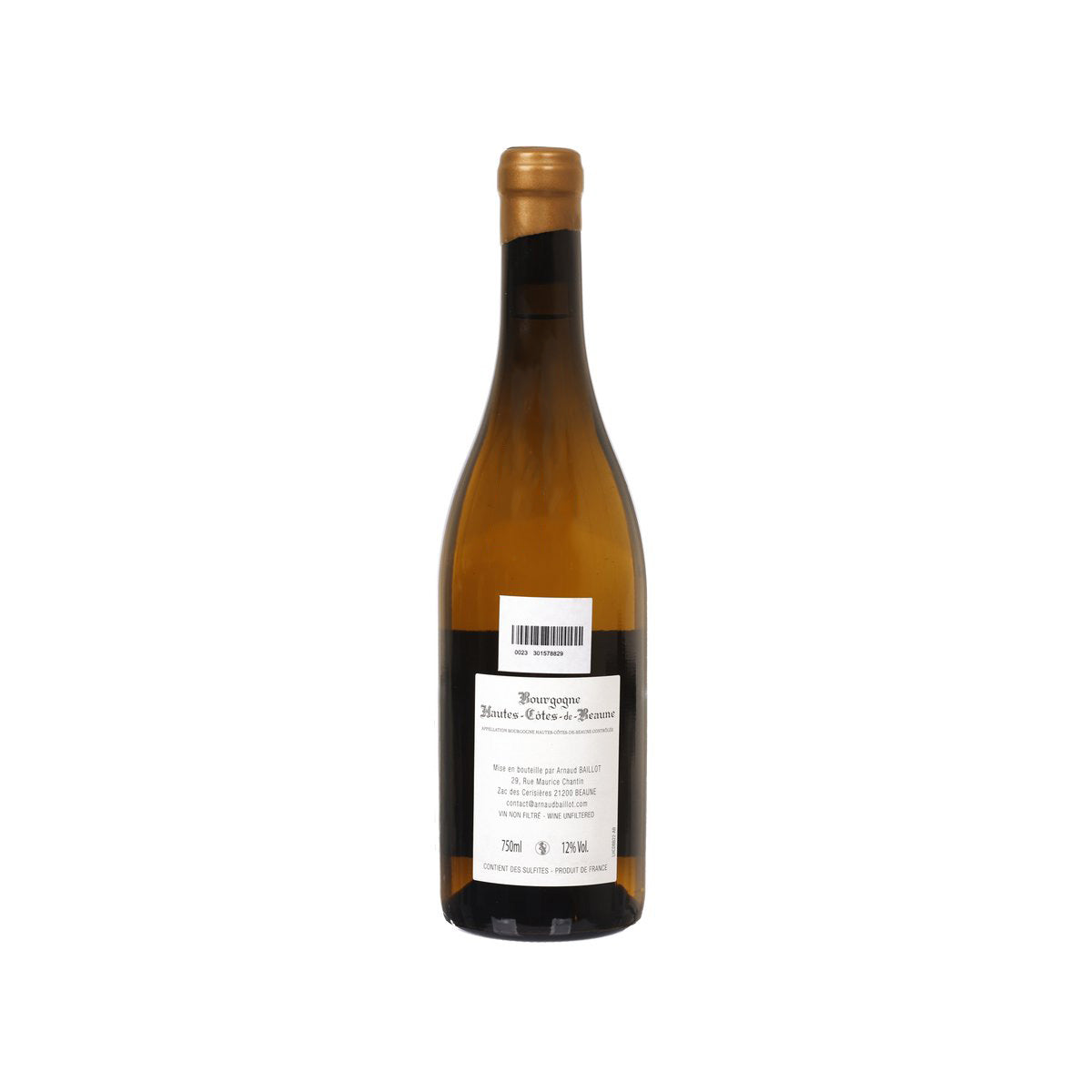 ARNAUD BAILLOT white wine bottle, 750 mL, back label with barcode and 2022