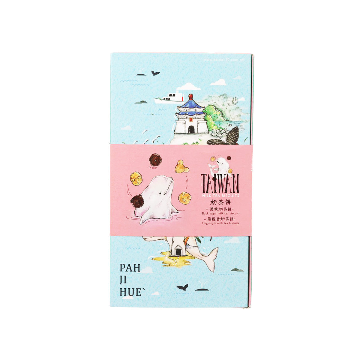 Taiwan milk tea biscuit box with illustrated penguin and pastel pink/blue design