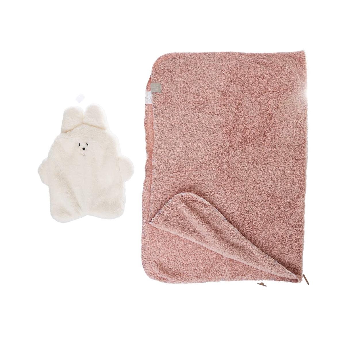 Dusty rose folded compact blanket with rabbit plush corner pouch