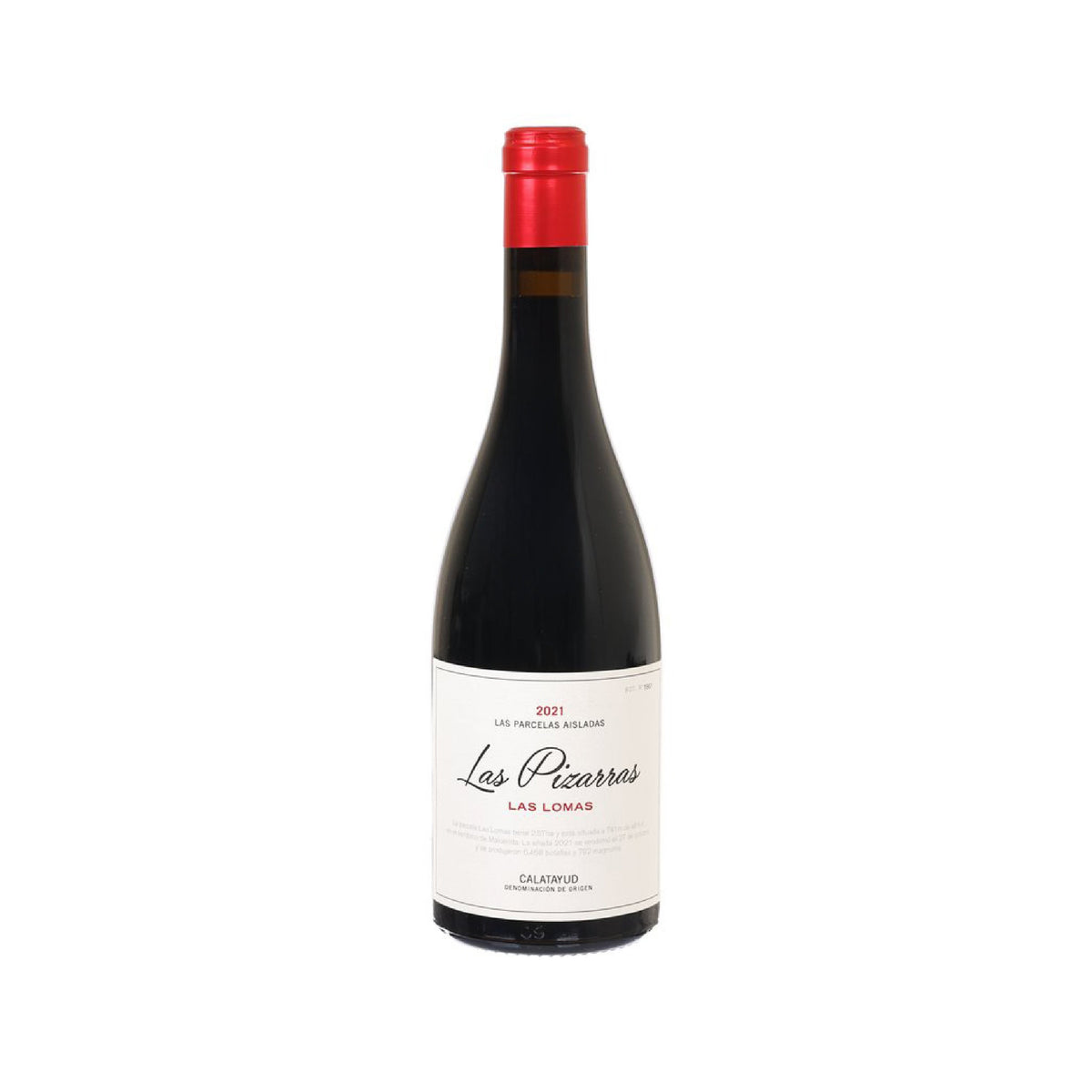 RAICES IBERICAS Las Pizzarras Las Lomas 2021 wine bottle with red cap, front label