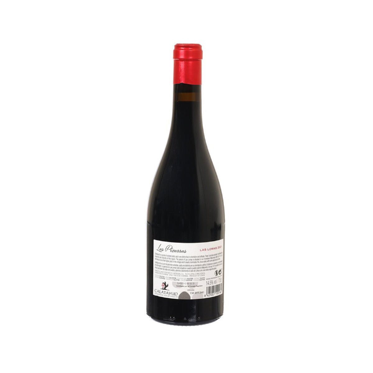 RAICES IBERICAS Las Pizzarras Las Lomas 2021 wine bottle with red cap, back label