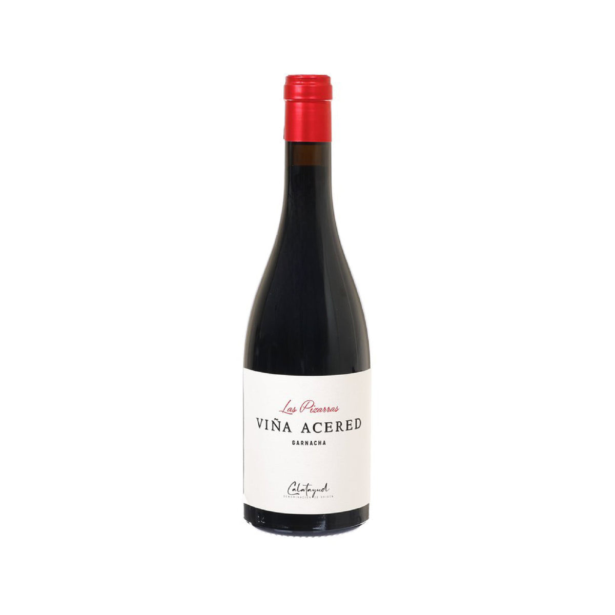 Red wine bottle with red cap and front label, 750 ml