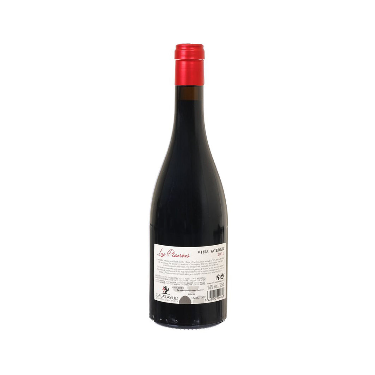 Red wine bottle with red cap and back label, 750 ml