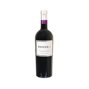 RAICES IBERICAS Raices 1 red wine bottle with label and purple neck band, 750ml.
