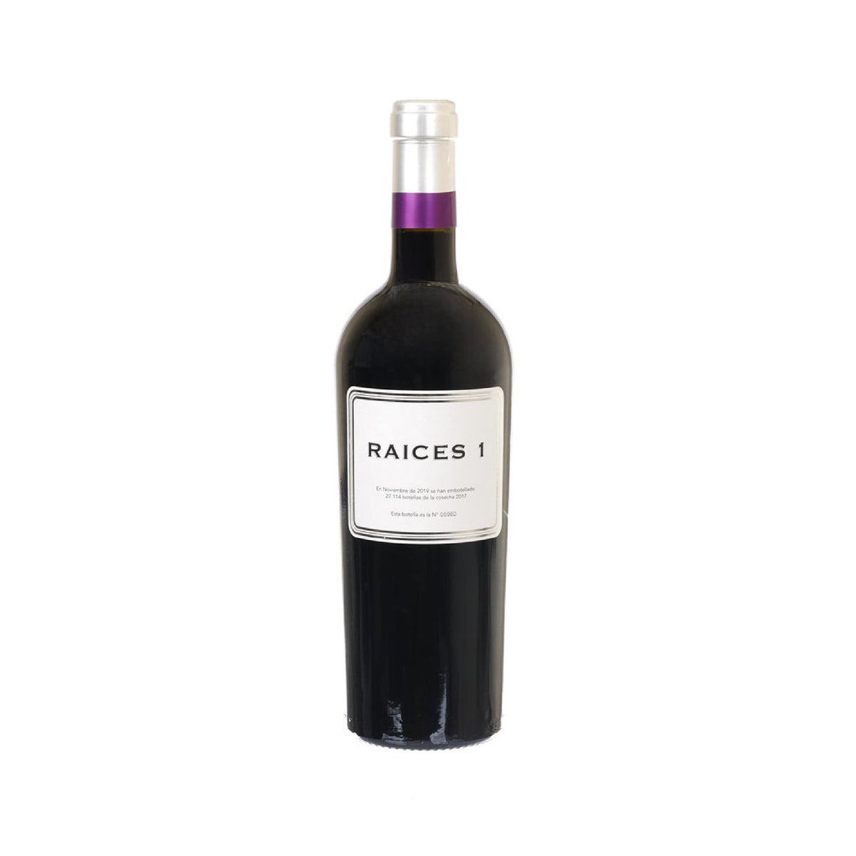 RAICES IBERICAS Raices 1 red wine bottle with label and purple neck band, 750ml.