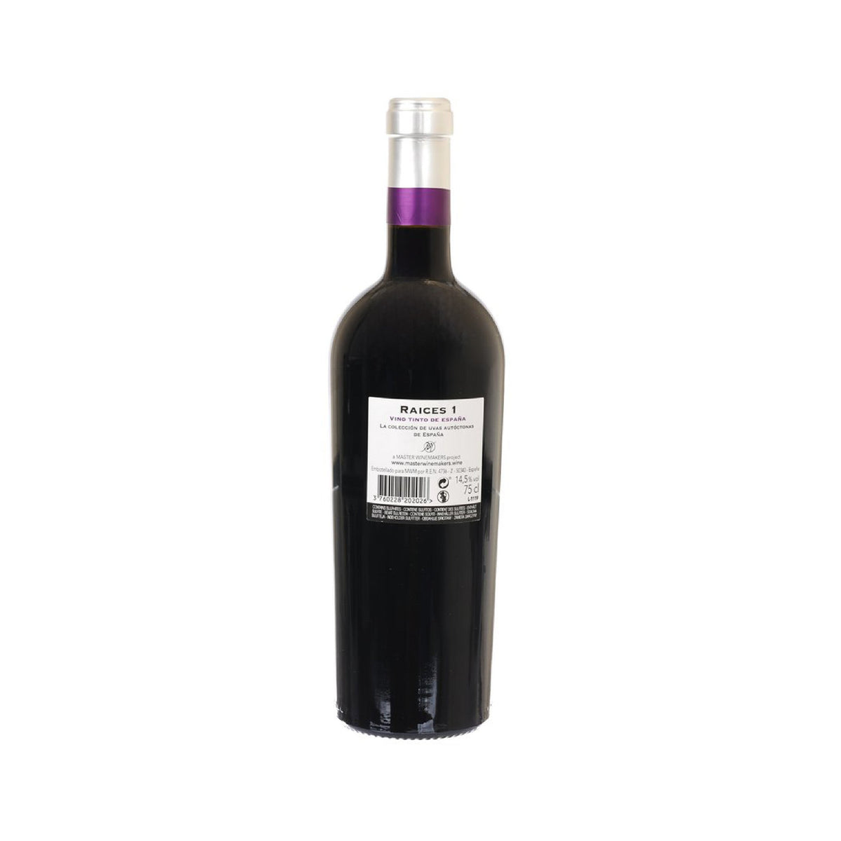 RAICES IBERICAS Raices 1 red wine bottle, back label and purple neck band, 750ml.