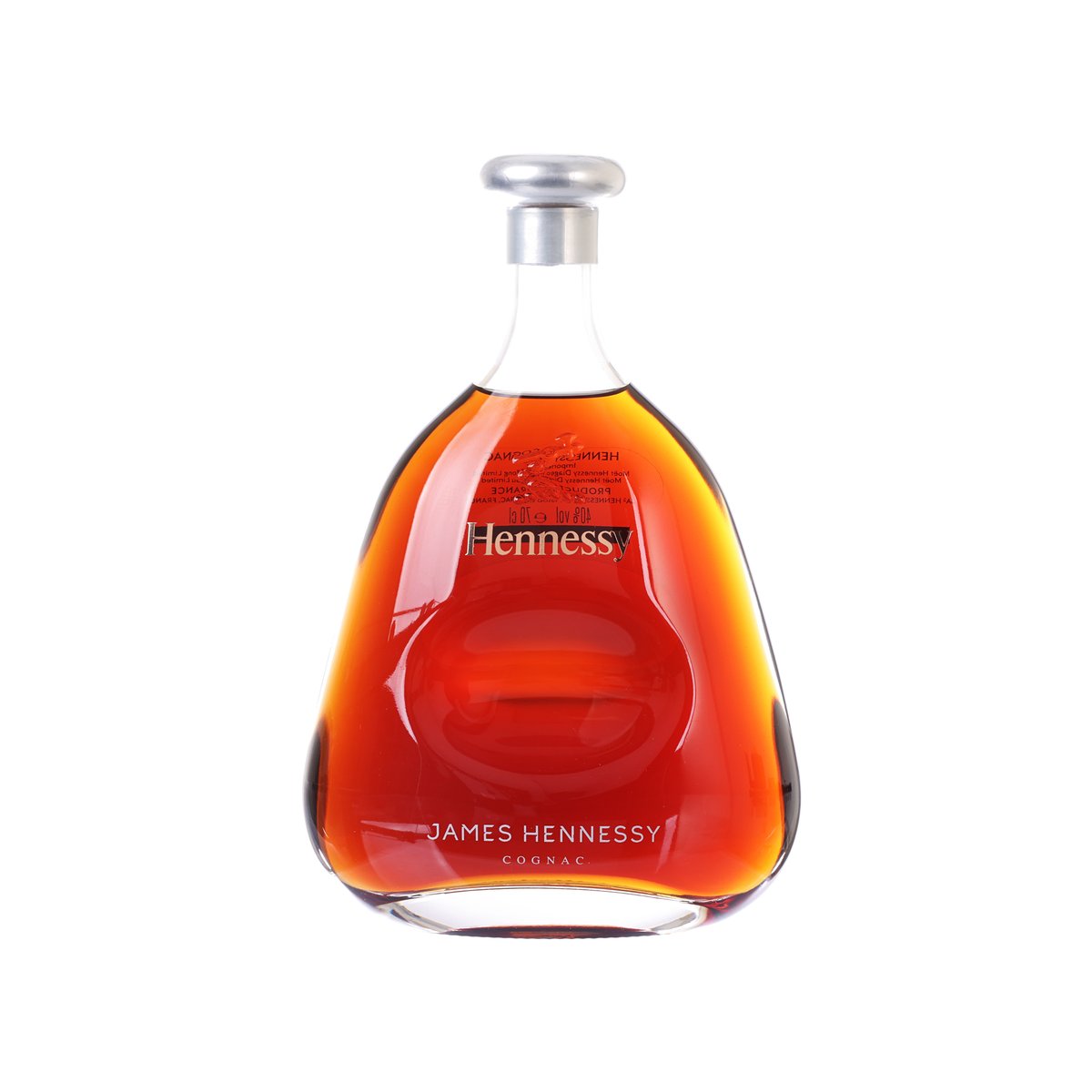 Hennessy James Hennessy cognac bottle front view with amber liquid and label