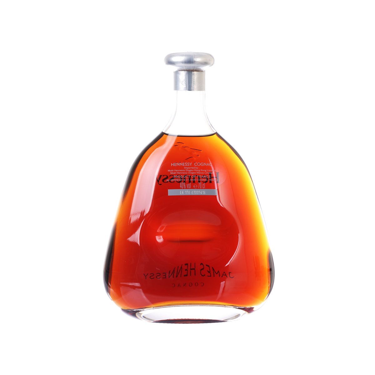 Hennessy James Hennessy cognac bottle close-up with amber liquid