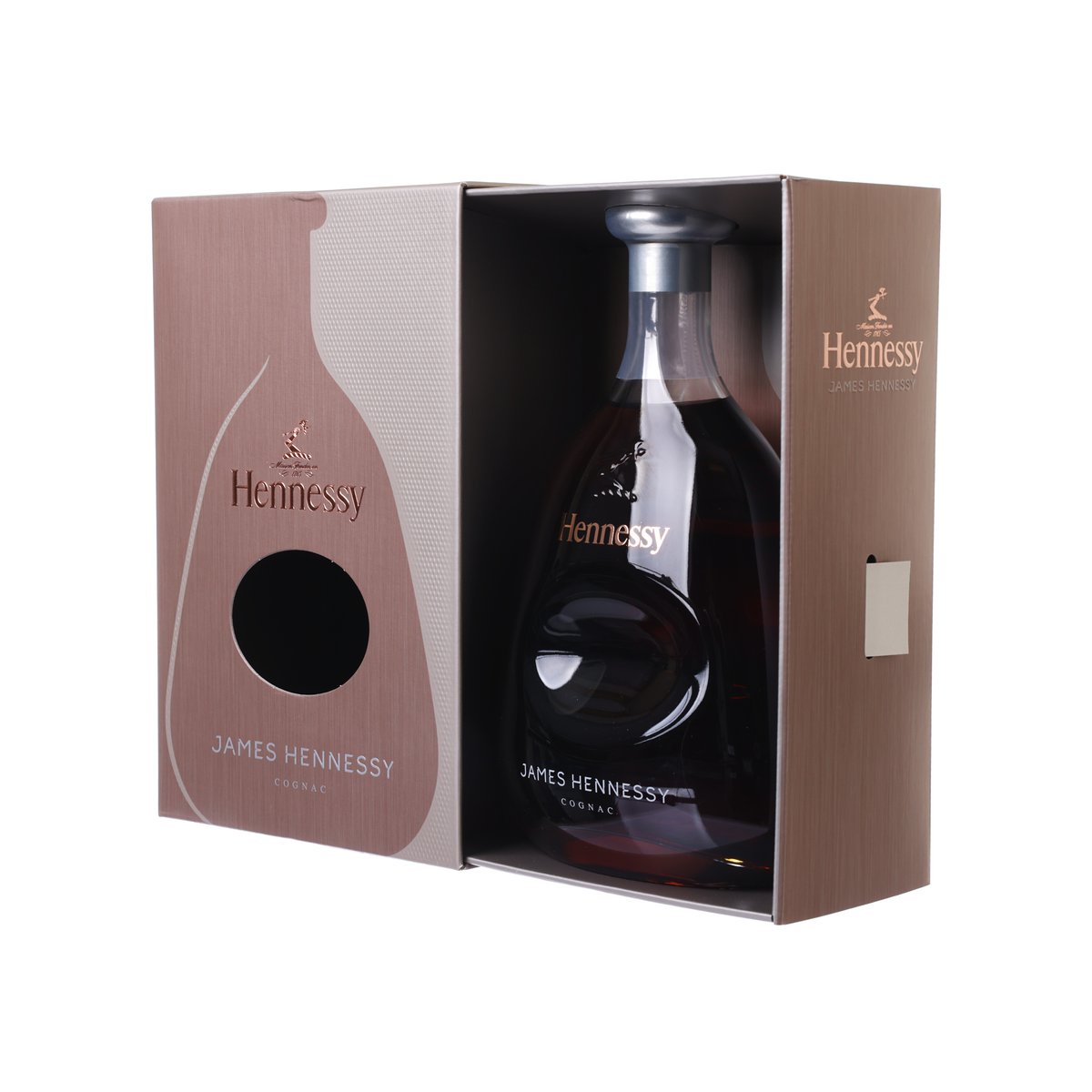 Hennessy James Hennessy cognac bottle in open brown gift box, metal cap visible