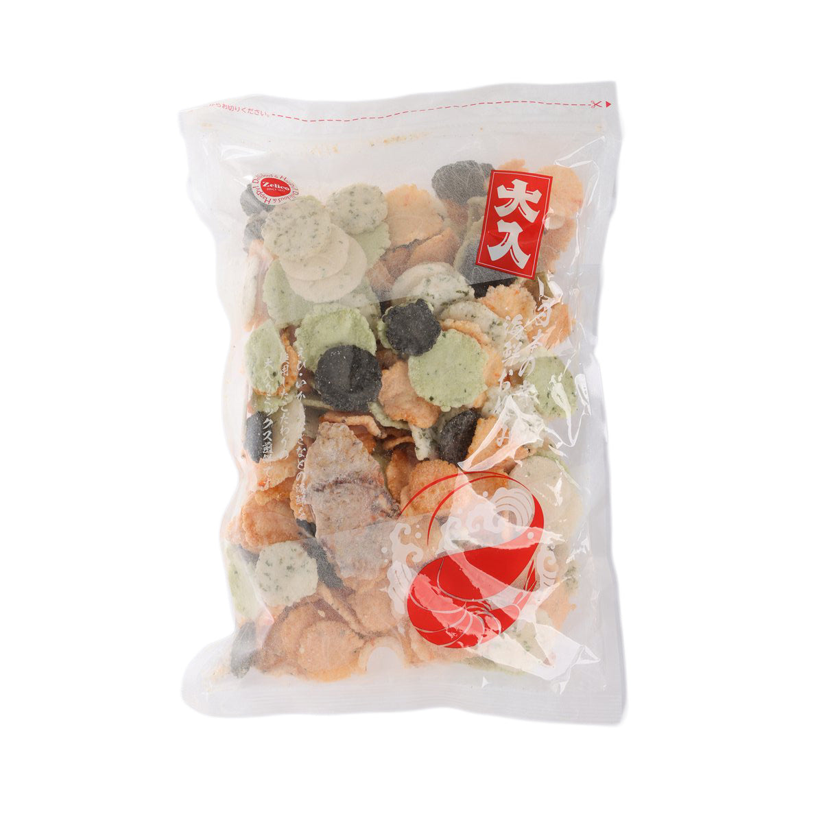 Seafood chips in clear sealed bag, mixed pale orange and dark pieces