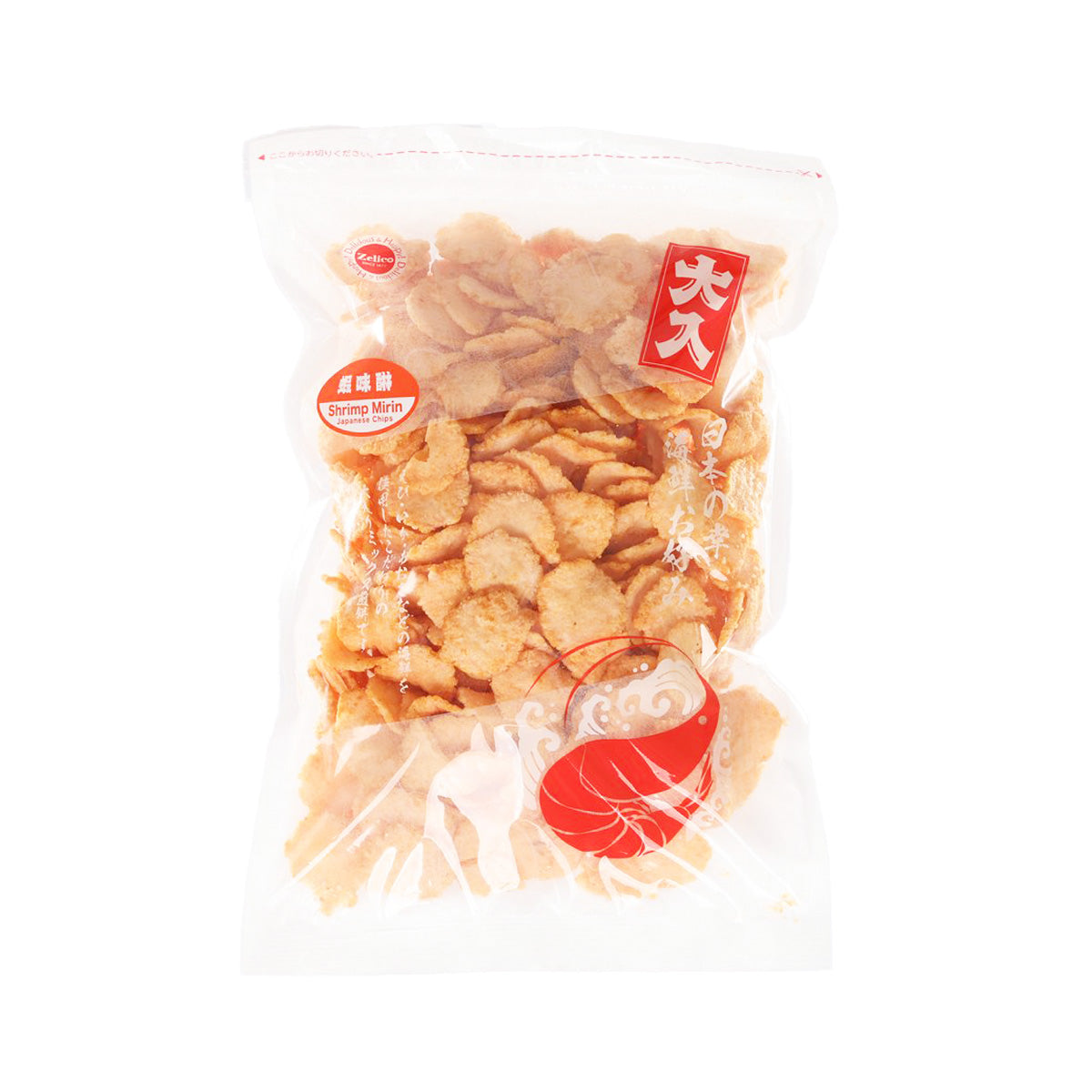 Shrimp chips bag with crinkle chips visible through clear plastic, mirin-flavored