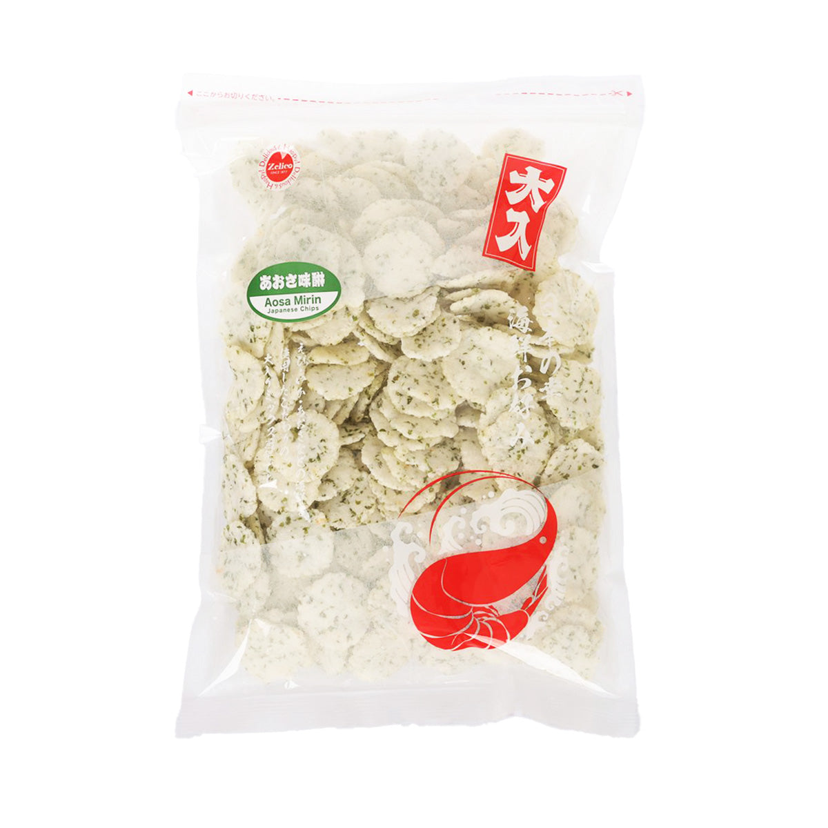 Seaweed mirin shrimp chips in clear plastic bag, front view with red logo
