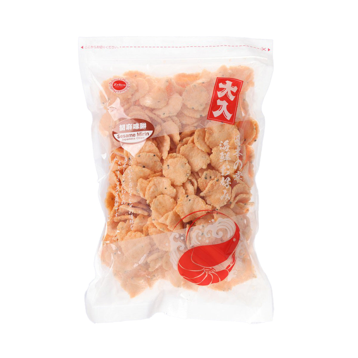 EIKODO sesame mirin shrimp chips, clear bag of light orange chips