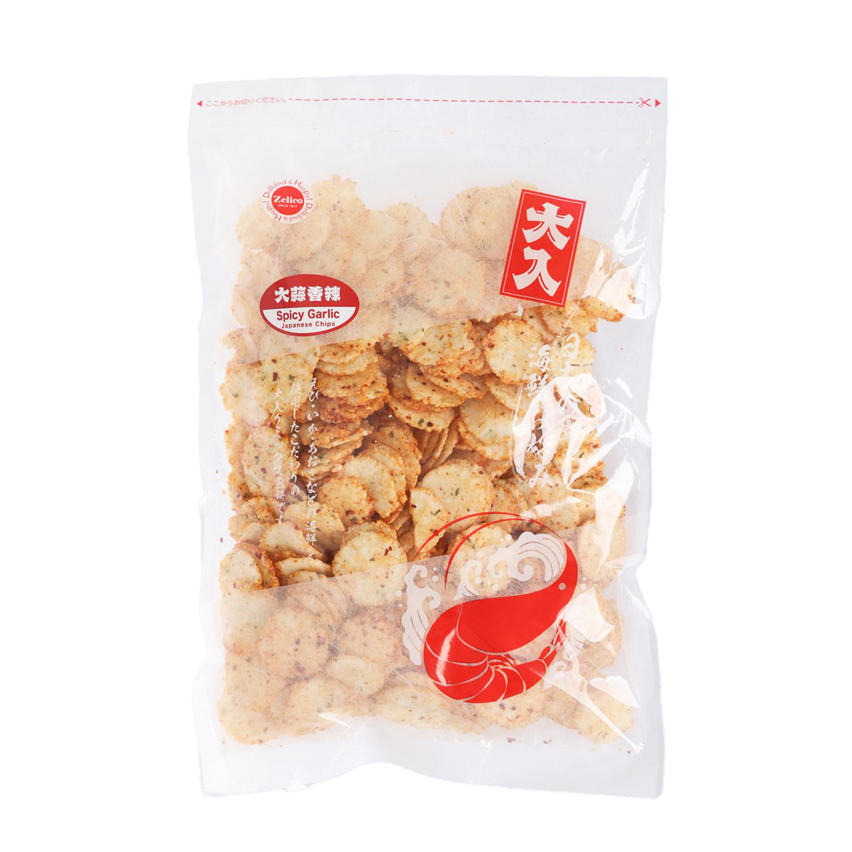 Spicy garlic shrimp chips in a sealed 300g bag, front view