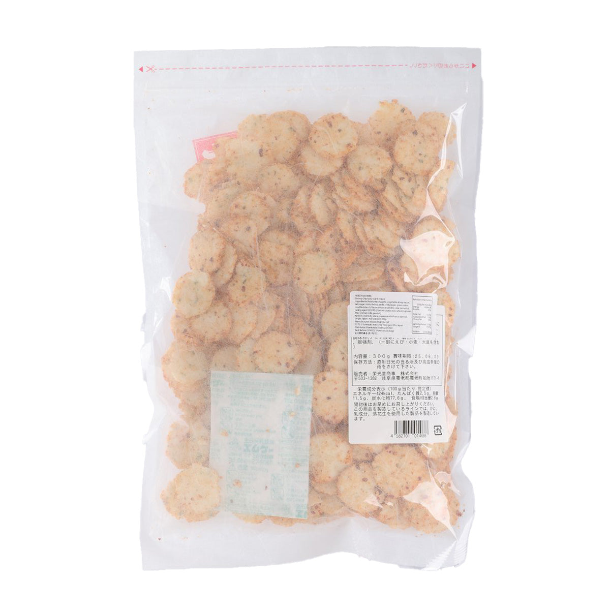 Spicy garlic shrimp chips 300g bag with nutrition label, back view