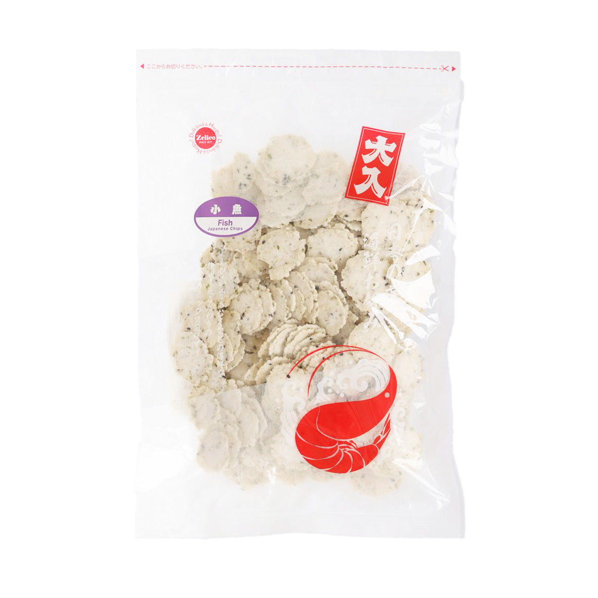 Shrimp-flavored chips in sealed clear bag, pale beige pieces visible