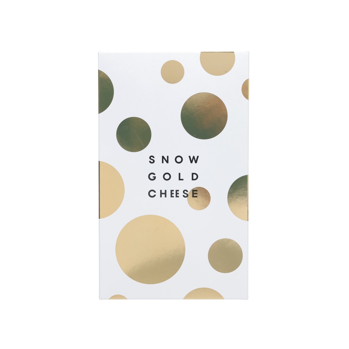 Snow Gold Cheese chocolate biscuit box with gold circle pattern on white front