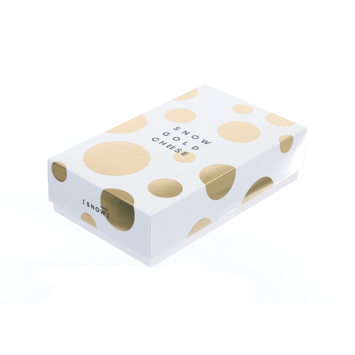 Snow Gold Cheese chocolate biscuit box angled view with gold spot pattern