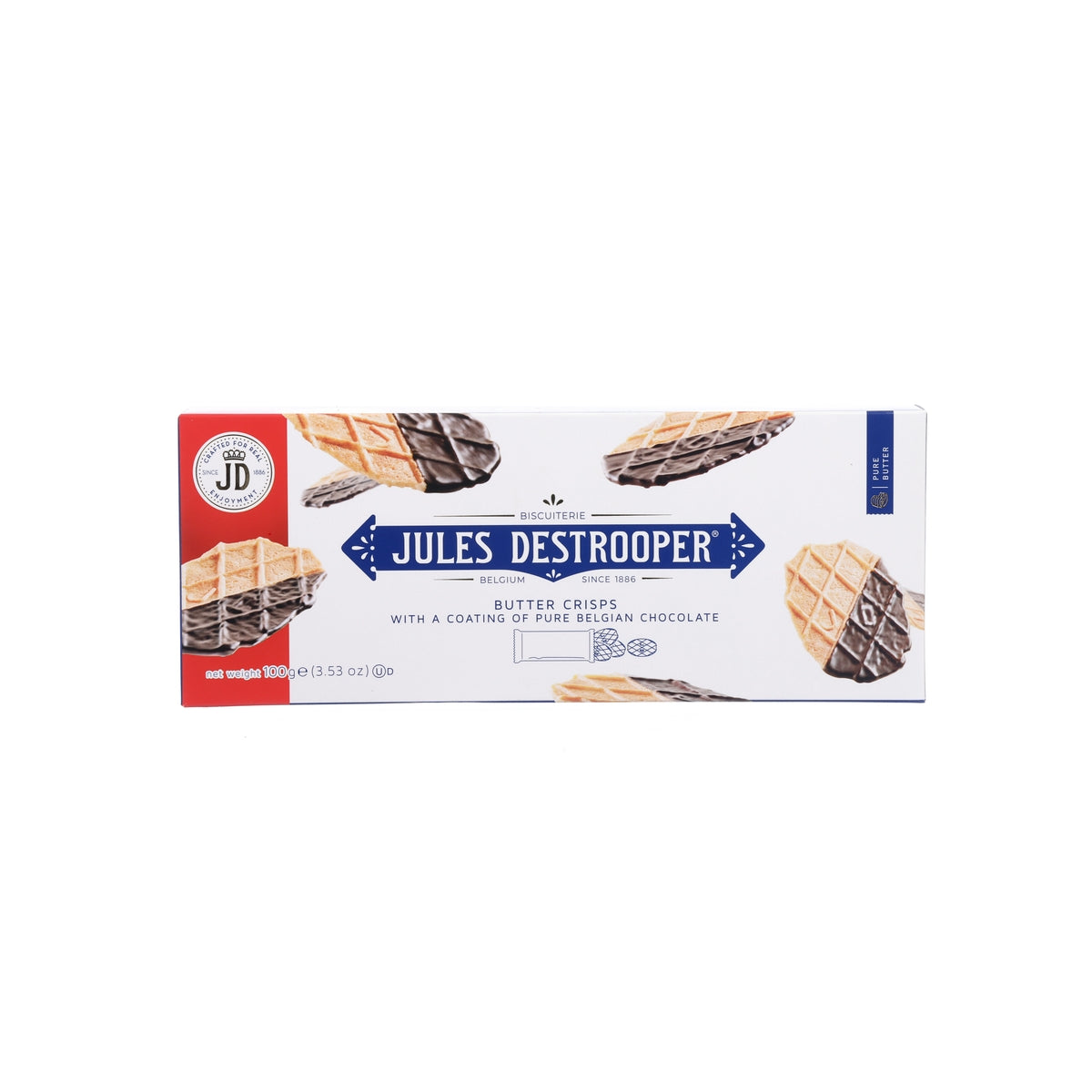 JULES DESTROOPER butter crisps with dark chocolate 100 g box, front view