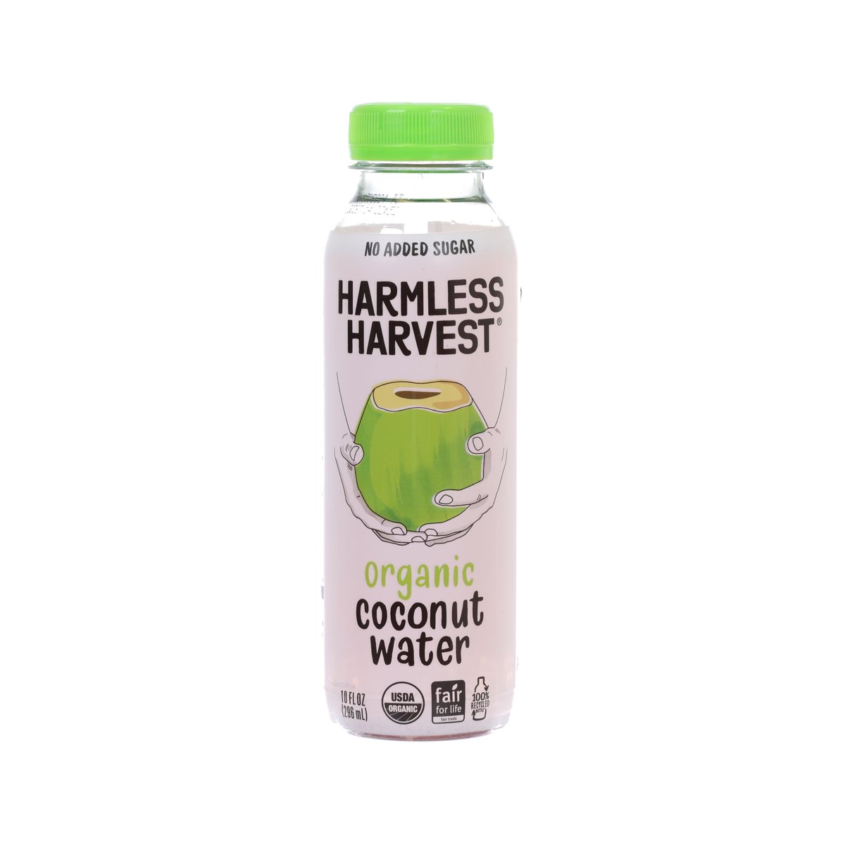 Harmless Harvest organic raw coconut water, 296 mL bottle with green cap