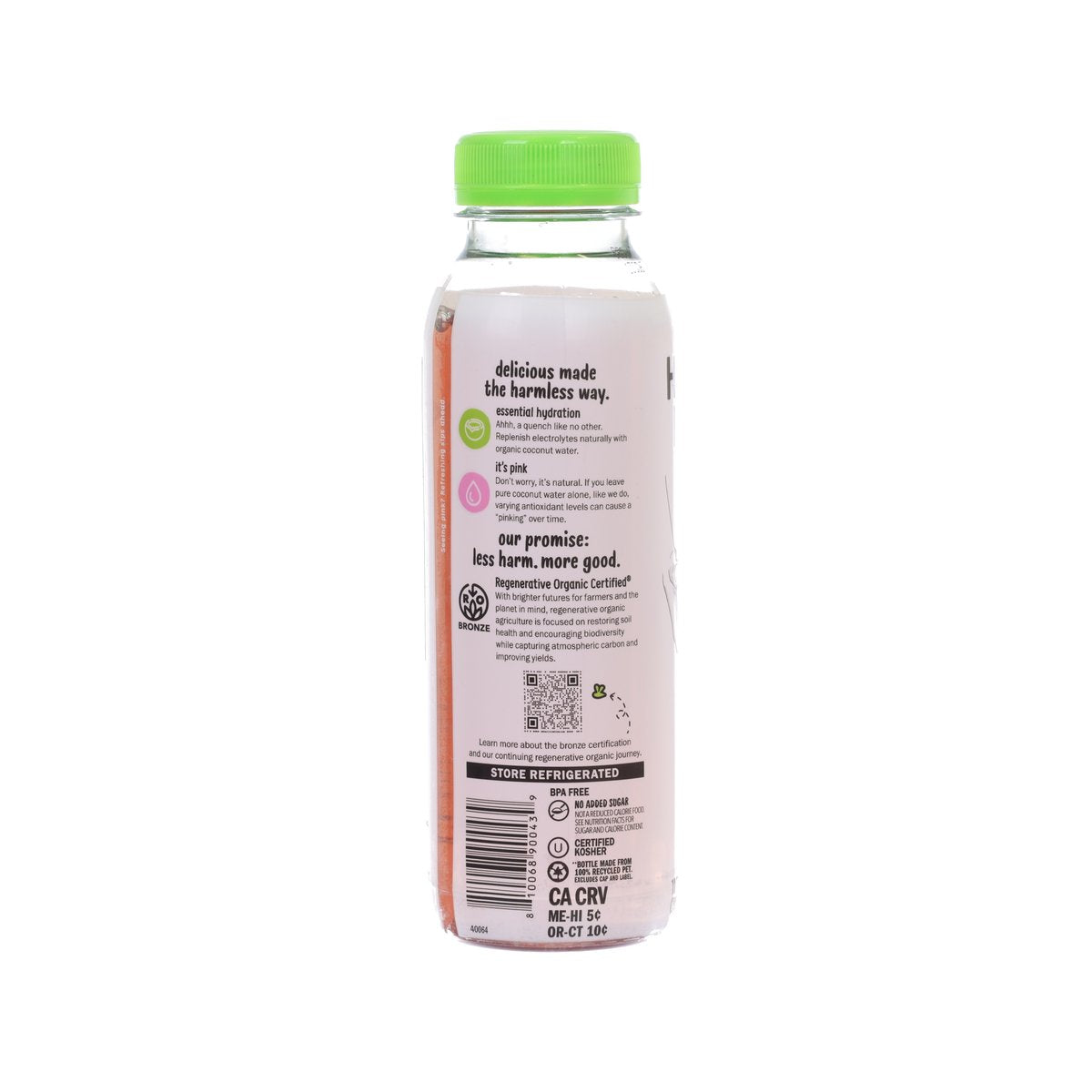 Organic raw coconut water bottle side back label, green cap