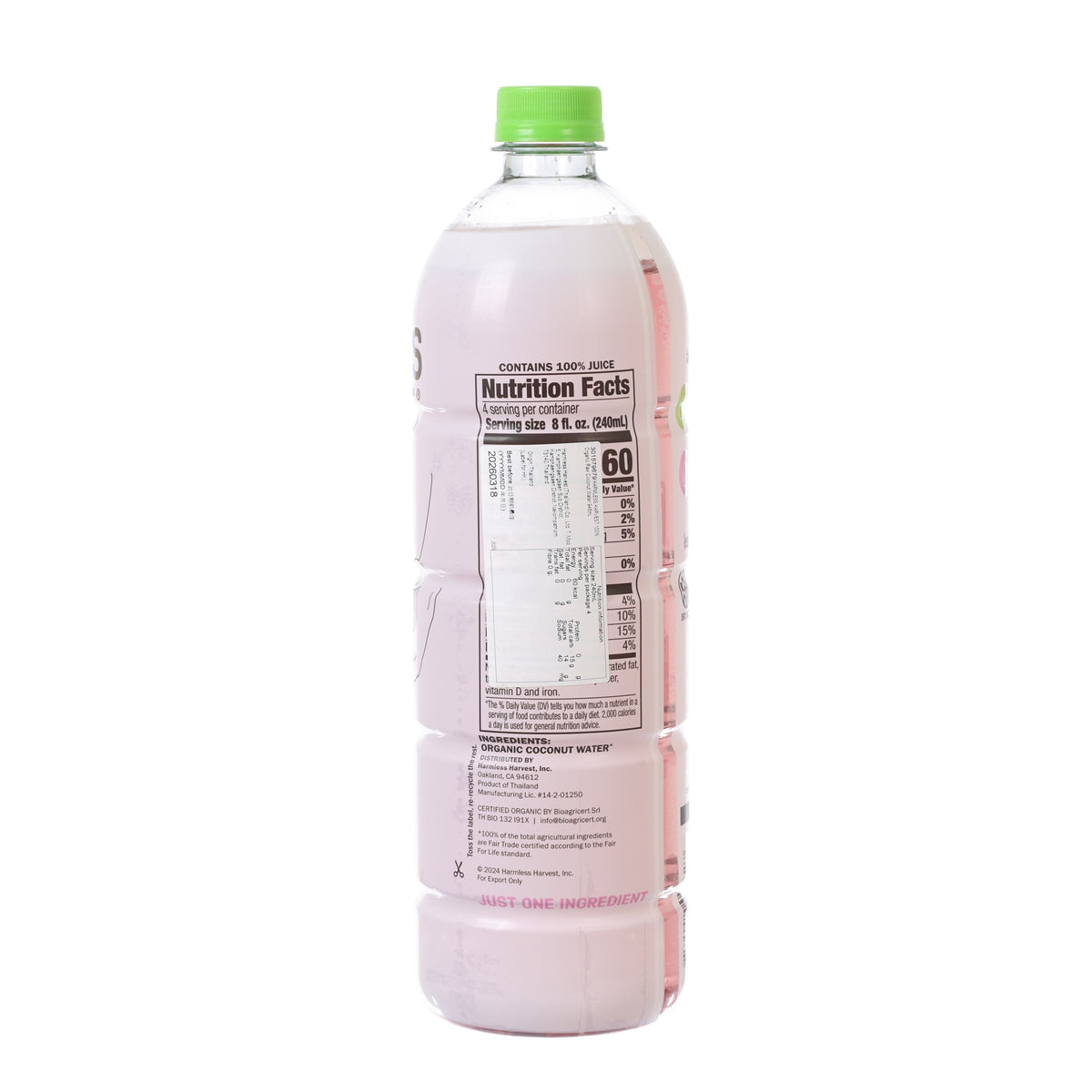 HARMLESS HARVEST coconut water bottle back with Nutrition Facts panel