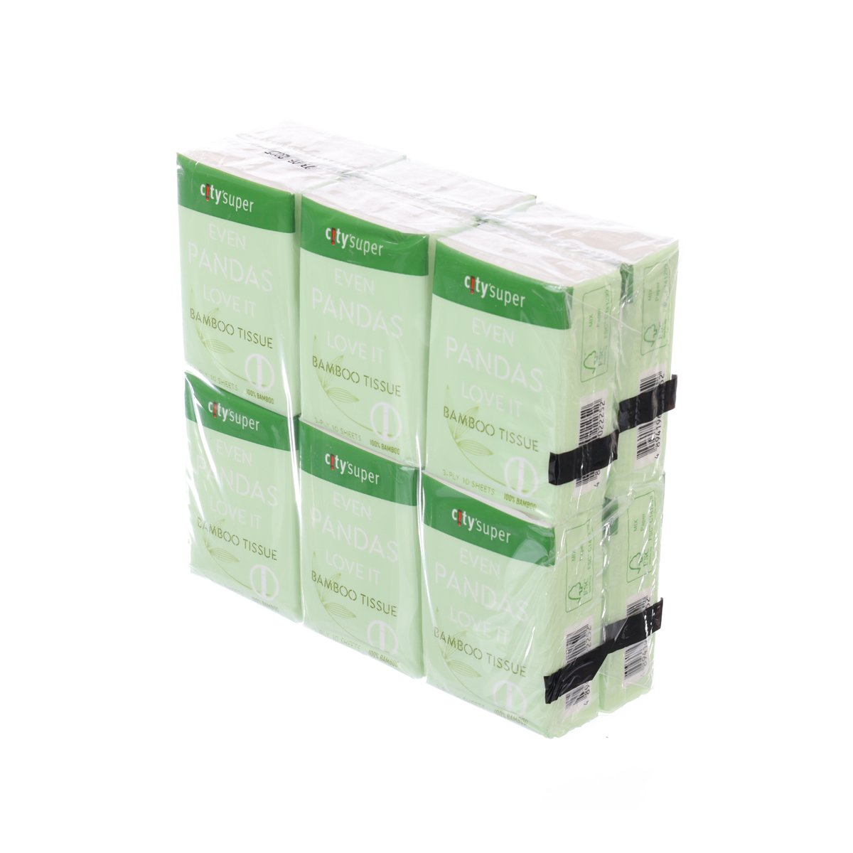 Stacked green and white bamboo tissue boxes, multiple packs in side view