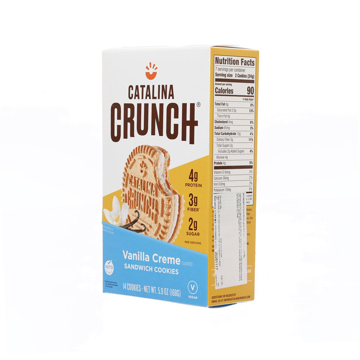 Catalina Crunch vanilla creme sandwich cookies box with side nutrition label