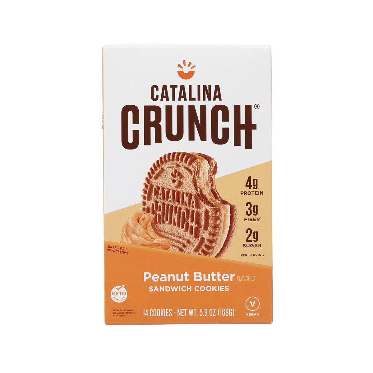 Peanut butter sandwich cookies box, Catalina Crunch brand with front panel graphics